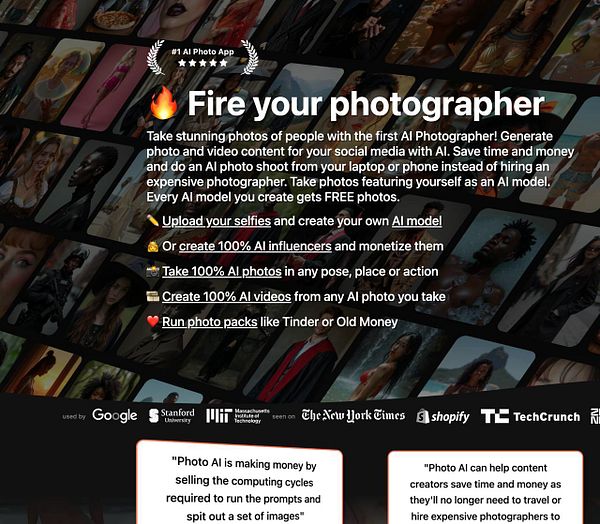 Promotional graphic for an AI photo app highlighting its features and benefits.