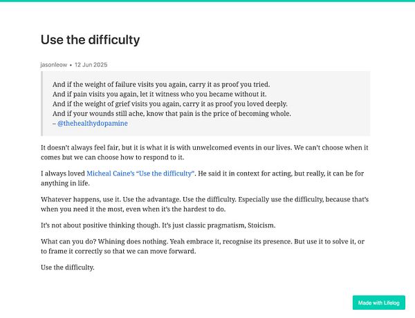 A motivational post discussing the concept of using difficulties in life as a means of growth and resilience.