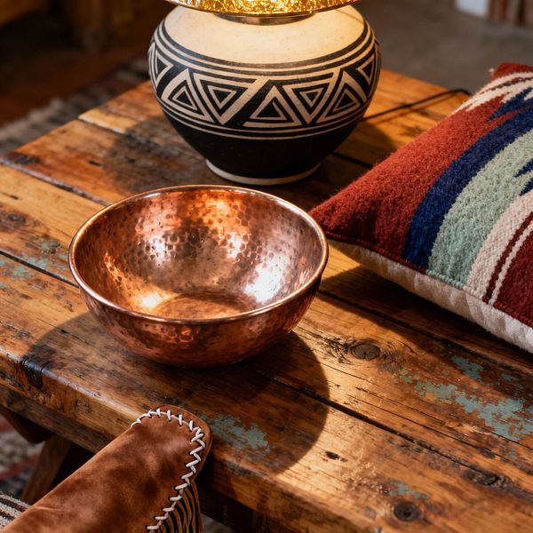 Close-up of a Southwestern living room vignette: a weathered wood coffee table with traces of turquoise paint holds a hammered copper bowl and a ceramic lamp decorated with black geometric patterns, casting a warm glow. A wool pillow with rust, cream, navy, and turquoise stripes rests nearby, and the edge of a suede seat with white whipstitch and fringe peeks in, highlighting layered textures and earthy materials.