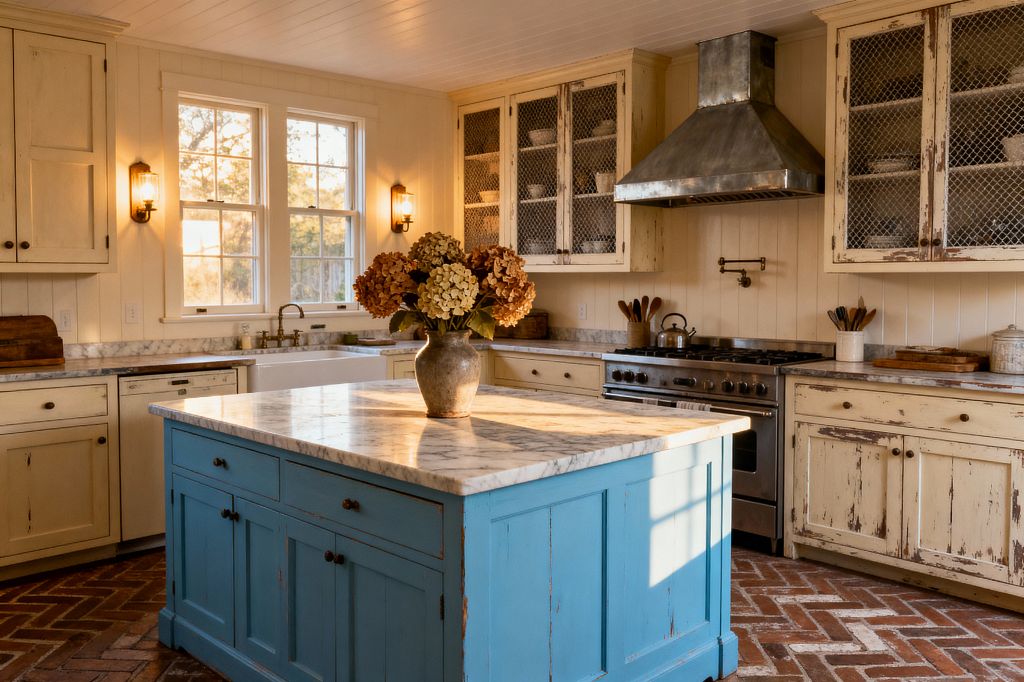 A cozy shabby chic kitchen features cream distressed cabinets with chicken-wire upper doors, a large metal range hood over a stainless stove, and a white farmhouse sink beneath double windows. A bold blue island with a marble top anchors the space, set on herringbone brick floors, with warm sconces, beadboard walls, brass fixtures, and a vase of dried hydrangeas adding patina and soft, nostalgic light.