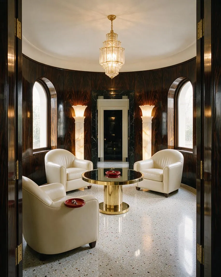 A glamorous Art Deco entryway with dark curved wood walls, arched windows, and a tiered glass-and-gold chandelier centered overhead. Two cream leather armchairs and a gold pedestal table with a glass top create a symmetric seating area on a polished terrazzo floor, while glowing wall sconces and marble-framed details add elegance.