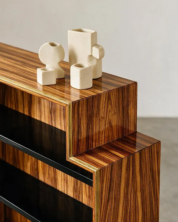 A close-up of an Art Deco-style cabinet or console featuring glossy striped wood veneer, stepped geometric edges, and thin brass trim. Small cream ceramic vases sit on top against a plain light wall.