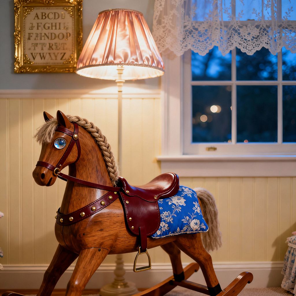 A traditional children’s room shows a wooden rocking horse with burgundy leather tack, brass studs, and a blue floral saddle pad beside cream beadboard wainscoting. A pleated blush lamp casts warm light under a white-trimmed window with a lace valance, while a gold-framed alphabet sampler above completes the palette of warm wood, soft pastels, and gleaming brass for a cozy, nostalgic mood.