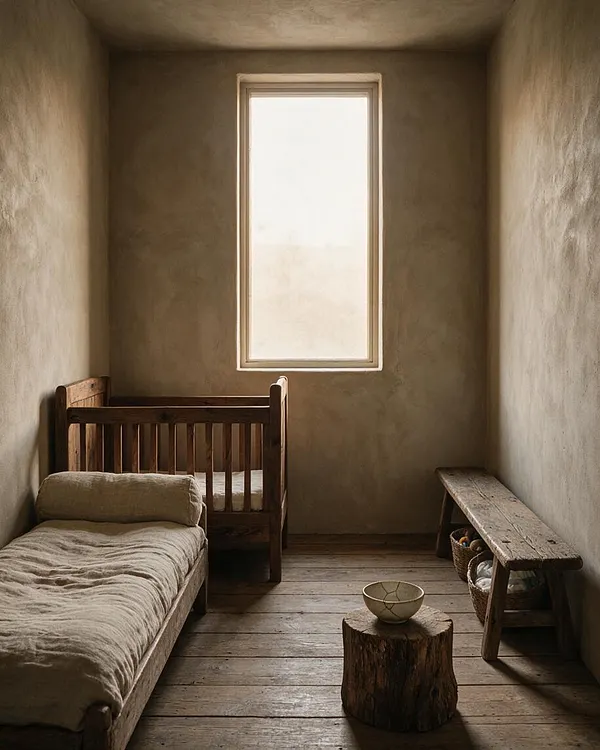 A narrow nursery with textured plaster walls, a tall frosted window, and a wooden crib centered beneath it. A low bed or daybed with rumpled neutral bedding sits on the left, while a weathered bench, woven baskets, and a small stump table with a bowl add rustic natural textures on the right.