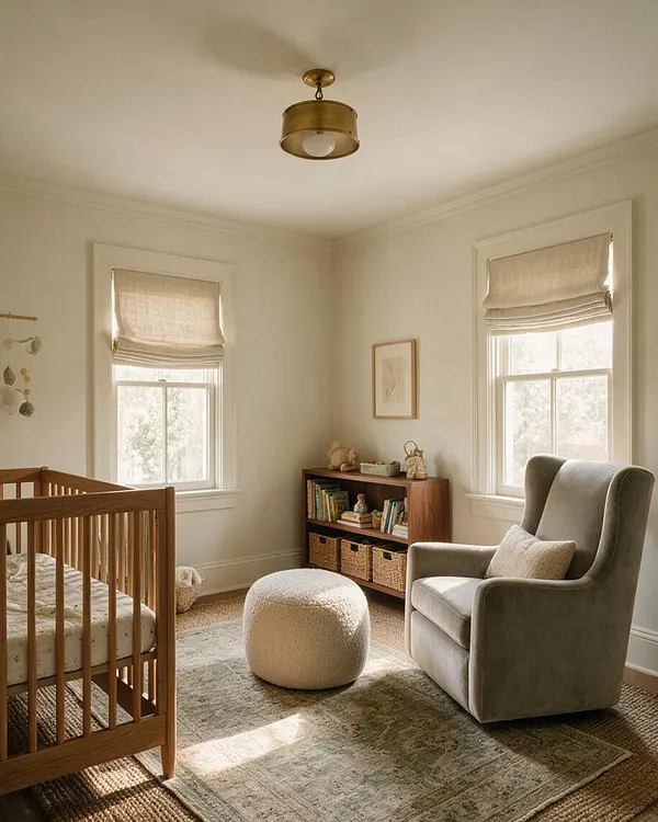A calm transitional nursery with a wooden crib on the left, a plush wingback glider on the right, and a round ottoman centered on a faded area rug. Two windows with linen roman shades brighten the room, while a low wooden bookshelf with baskets and toys adds storage and warmth.