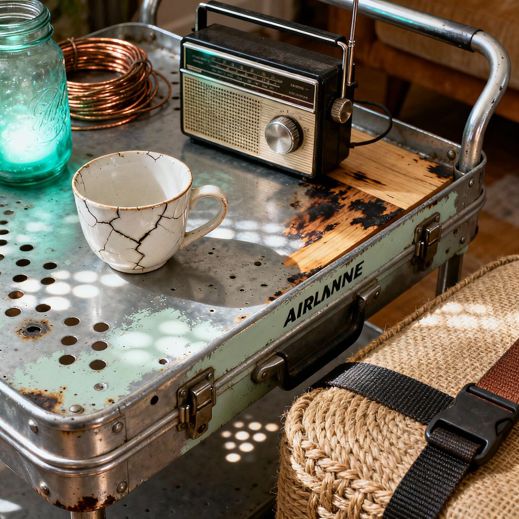 A close-up of a living room coffee table fashioned from a perforated galvanized steel case with chipped mint paint and rust, holding a vintage portable radio, a white crackle-glazed mug, a teal-tinted mason jar, and a coil of copper wire while sunlight casts dappled patterns across the surface. In the foreground sits a woven jute ottoman strapped with dark webbing and a buckle, with the edge of a tan sofa softly blurred in the background.