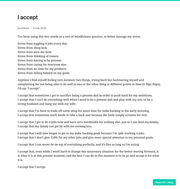 A reflective post discussing stress management and acceptance in daily life.