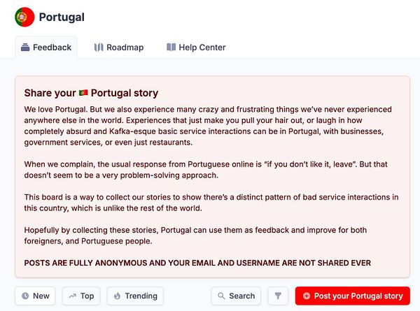 A webpage titled 'Portugal' invites users to share their experiences related to service interactions in Portugal.