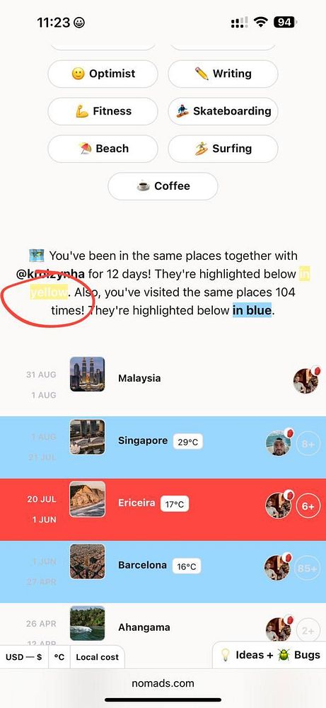 The image displays a mobile app interface showing a user's travel history and statistics.