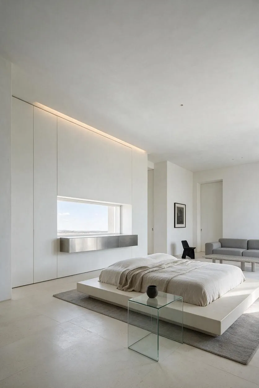 A minimalist guest bedroom with a low white platform bed dressed in soft beige and white linens, set on a gray area rug. The room features white walls and ceiling, a built-in wall unit with a horizontal window and brushed metal shelf, a glass side table, and a gray sofa with a simple bench in the background.