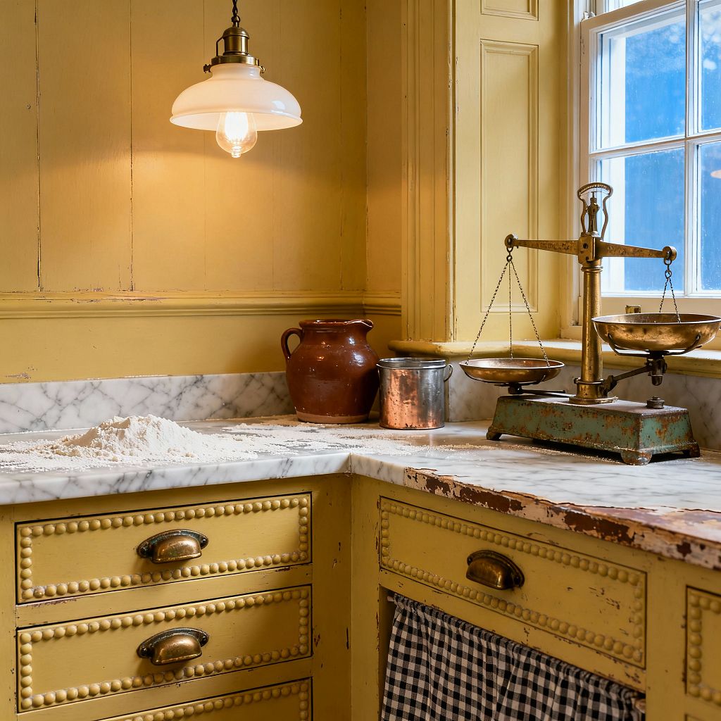 A cozy Victorian kitchen corner shows buttery yellow painted wood cabinetry with beaded drawer fronts and brass cup pulls beneath a white marble countertop. Flour is scattered near a brown ceramic jug and a small copper canister. An antique balance scale with a green, rusted base and brass pans sits by a sash window. Tongue-and-groove paneling, molded trim, and a milk-glass pendant provide warm light, while a black-and-white gingham skirt conceals the lower cabinet.