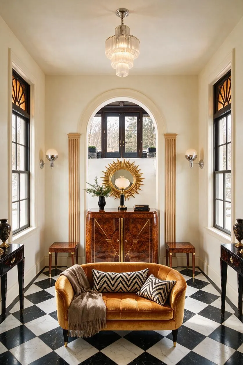 A narrow front porch styled in Art Deco fashion with a black-and-white checkered floor, cream walls, and an arched opening at the back. The space features a gold sunburst mirror, a glossy wood cabinet, brass sconces, tall decorative columns, and a mustard velvet loveseat with patterned pillows.