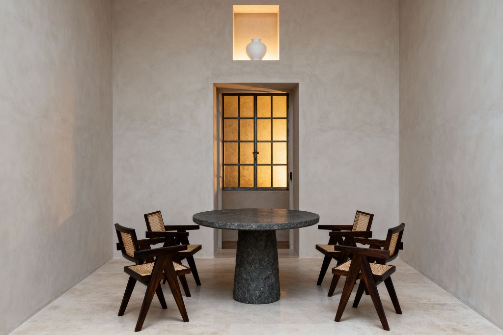 A minimalist dining room with a round charcoal stone pedestal table surrounded by four dark wood armchairs with woven cane seats and backs. The space features warm white plaster walls and pale limestone flooring, a steel-framed door with amber textured glass glowing from behind, and a small illuminated wall niche above the doorway displaying a white ceramic vase, all arranged symmetrically in a narrow, high-ceilinged room with calm, even lighting.