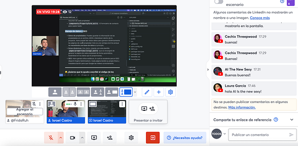 A livestream session featuring Israel Castro discussing Vibecoding with AI, with an active chat on the side.