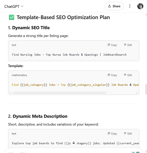 The image displays a template-based SEO optimization plan for job pages.