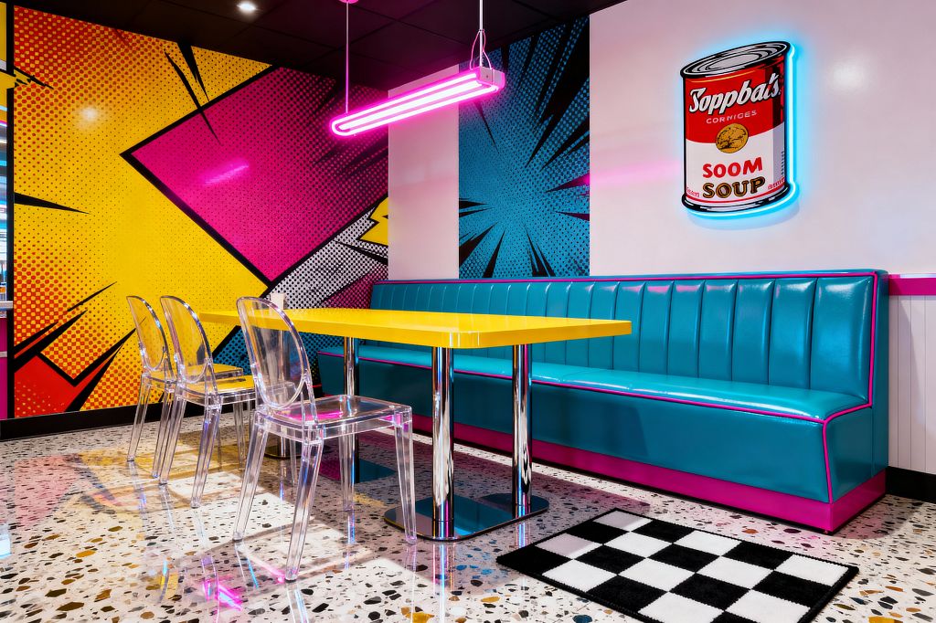 A Pop Art dining nook with a long teal vinyl banquette trimmed in hot pink faces a glossy yellow rectangular table on chrome pedestal bases. Three clear polycarbonate chairs sit on speckled terrazzo flooring beside a small black-and-white checkerboard rug. A bold comic-style mural in yellow, magenta, and cyan covers the walls, while a pink neon pendant and a neon-outlined soup can artwork glow beneath a black grid ceiling.