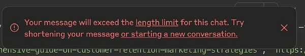 A warning message indicating a message length limit has been exceeded in a chat interface.