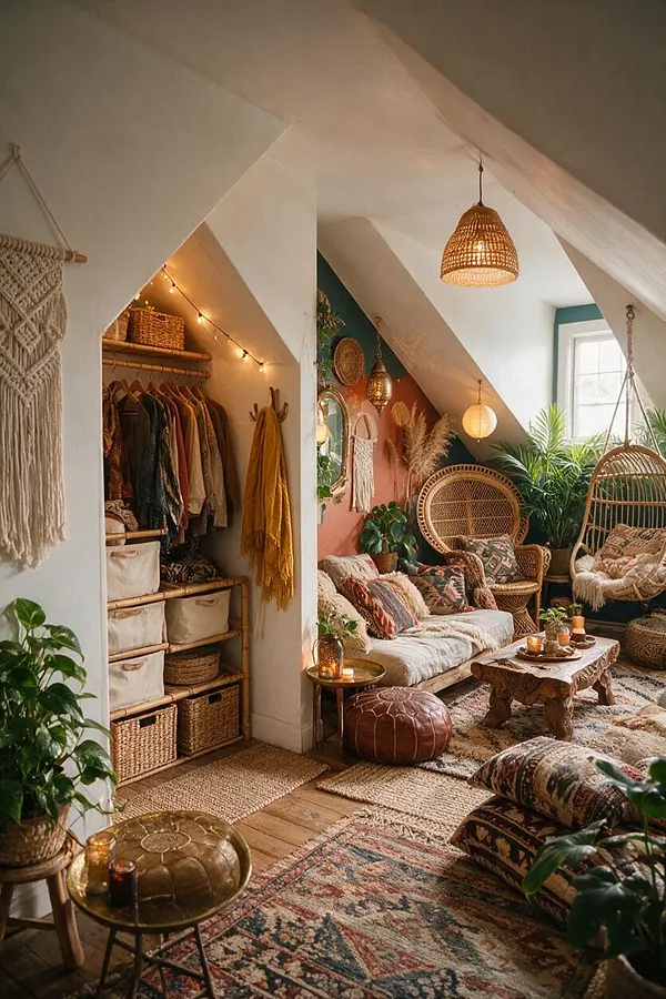A cozy bohemian closet nook with open bamboo shelving, hanging clothes, woven baskets, and string lights tucked into a sloped alcove. The room opens into a relaxed sitting area with rattan chairs, patterned cushions, layered rugs, plants, and warm pendant lighting.