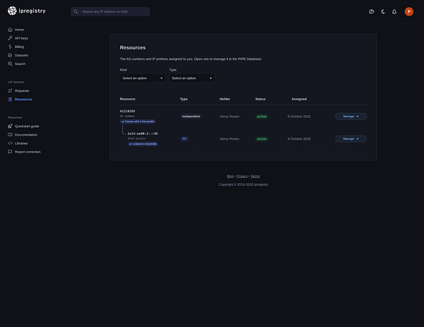 Dark-themed dashboard interface for managing IP resources assigned by ipregistry, showing resource details and management options.