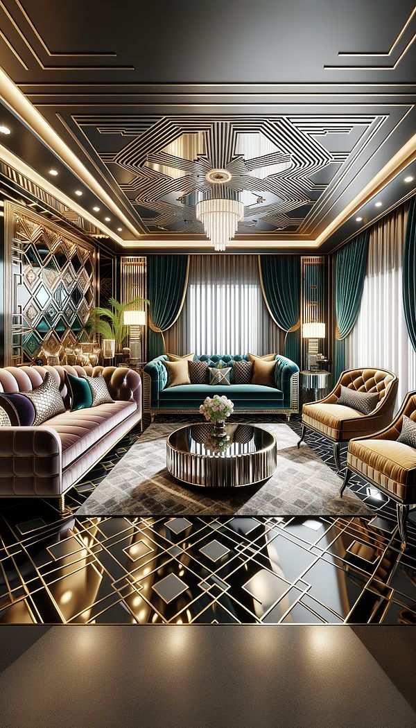 a sophisticated living room designed in the Art Deco style, featuring geometric patterns, metallic accents, and luxurious furniture