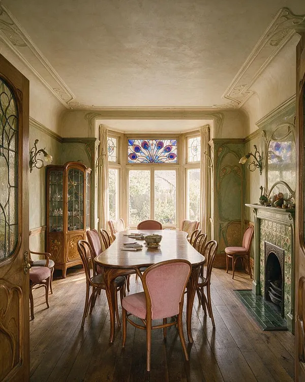 An elegant Art Nouveau dining room with a long wooden table, curved bentwood chairs upholstered in pink, and large bay windows topped by a peacock-feather stained-glass panel. The room features pale green wall murals, ornate wall sconces, a decorative fireplace, and warm wood floors.