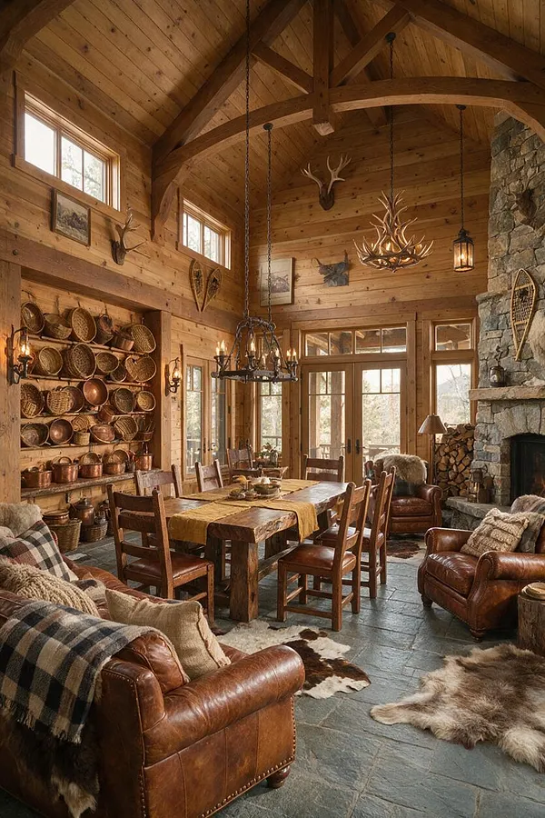 A spacious rustic basement lodge with high wood-paneled vaulted ceilings, exposed beams, and a stone fireplace. The room features a long wooden dining table, leather armchairs, antler chandeliers, wall-mounted woven baskets, and animal hide rugs in warm earthy tones.