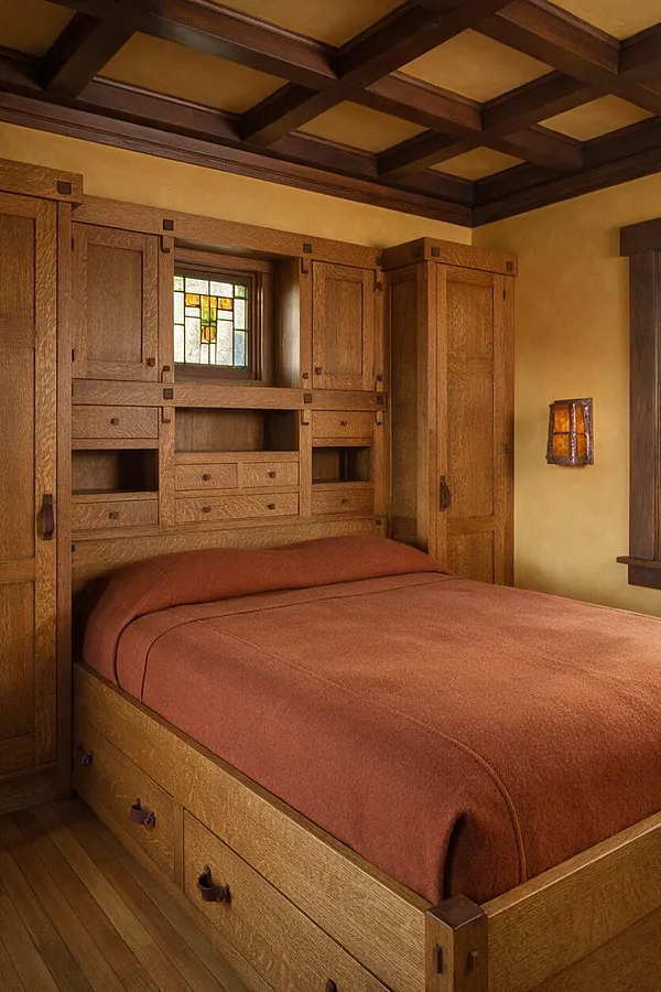 A compact studio apartment bedroom in Craftsman style featuring a built-in oak bed frame with under-bed drawers, matching storage cabinets, and a centered stained-glass window panel above the headboard. The room has a dark coffered wood ceiling, honey-toned walls, hardwood flooring, and a rust-colored bedspread, creating a warm and cohesive traditional look.