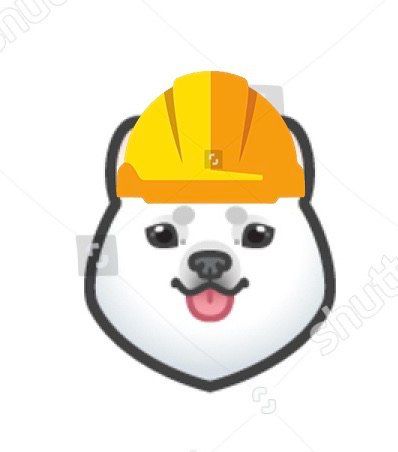 A cartoon-style illustration of a Samoyed dog wearing a yellow safety helmet.