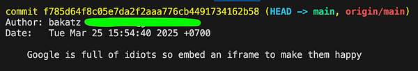A terminal screenshot displaying a Git commit message expressing frustration with Google Cloud support.