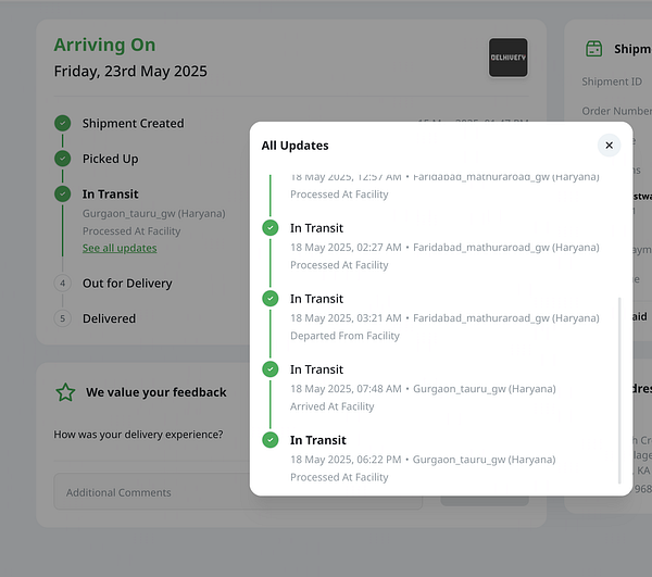 The image displays the order status of an HMT watch shipment with detailed transit updates.