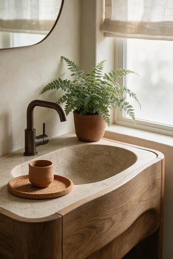 A biophilic bathroom vignette features a curved stone sink set into a warm wood vanity, paired with a dark metal faucet. A potted fern sits beside the basin near a sunlit window, and a small clay cup rests on a cork tray, creating a calm natural palette.