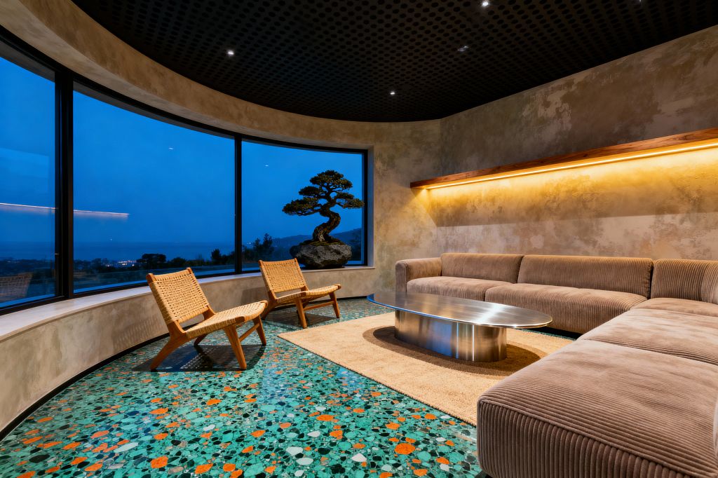A curved contemporary living room with floor-to-ceiling windows overlooks a dusk coastal view, centered by a bonsai on a rock plinth. Inside, a sand-beige corduroy L-shaped sofa faces a brushed stainless-steel oval coffee table on a tan rug. Two oak lounge chairs with woven paper-cord seats sit on emerald-green terrazzo with terracotta flecks. Taupe limewashed plaster walls and a floating LED-lit wood shelf glow beneath a matte black perforated ceiling.
