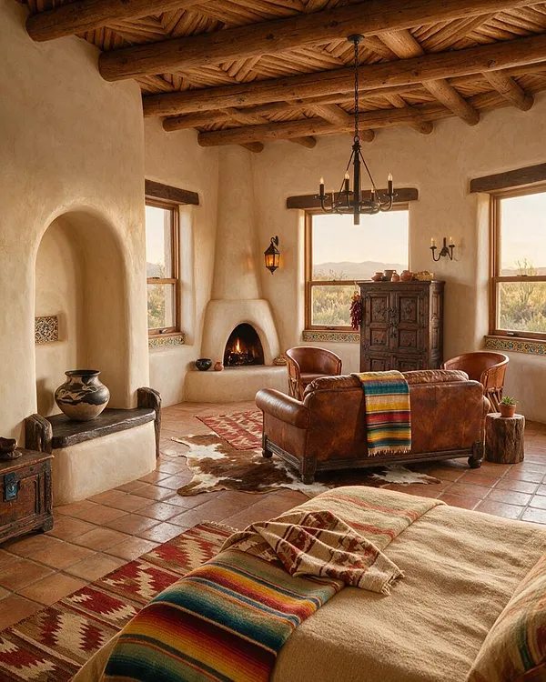 A Southwestern-style master bedroom with thick adobe walls, exposed log ceiling beams, terracotta tile floors, and a glowing corner fireplace. The room includes a leather sofa, woven rugs, carved wood cabinetry, clay pottery, and warm desert views through large windows.