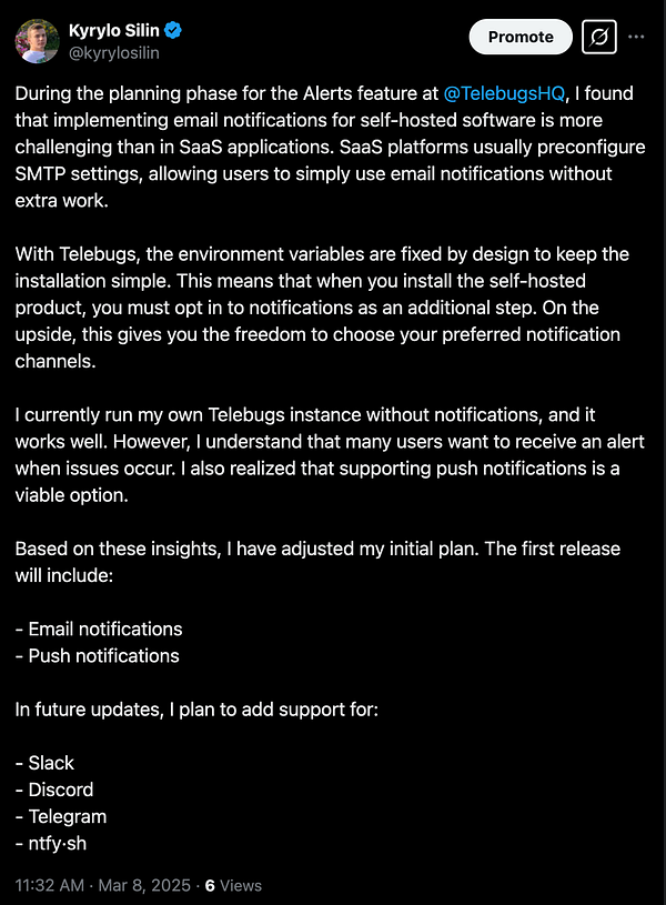 A tweet discussing the challenges and plans for implementing notification features in Telebugs.