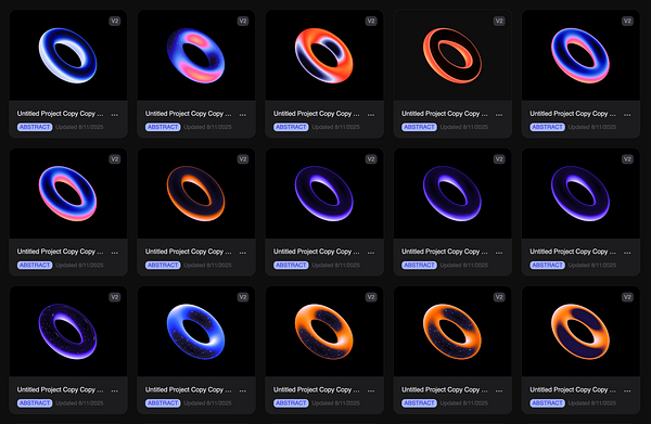 A grid of abstract 3D ring designs in various colors and styles.