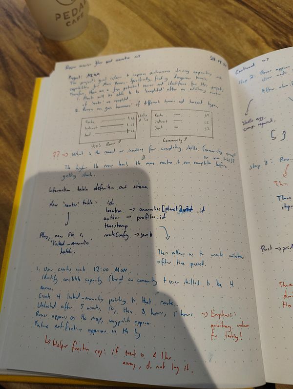 A notebook page filled with handwritten notes and diagrams, accompanied by a coffee cup from The Pedal Cafe.