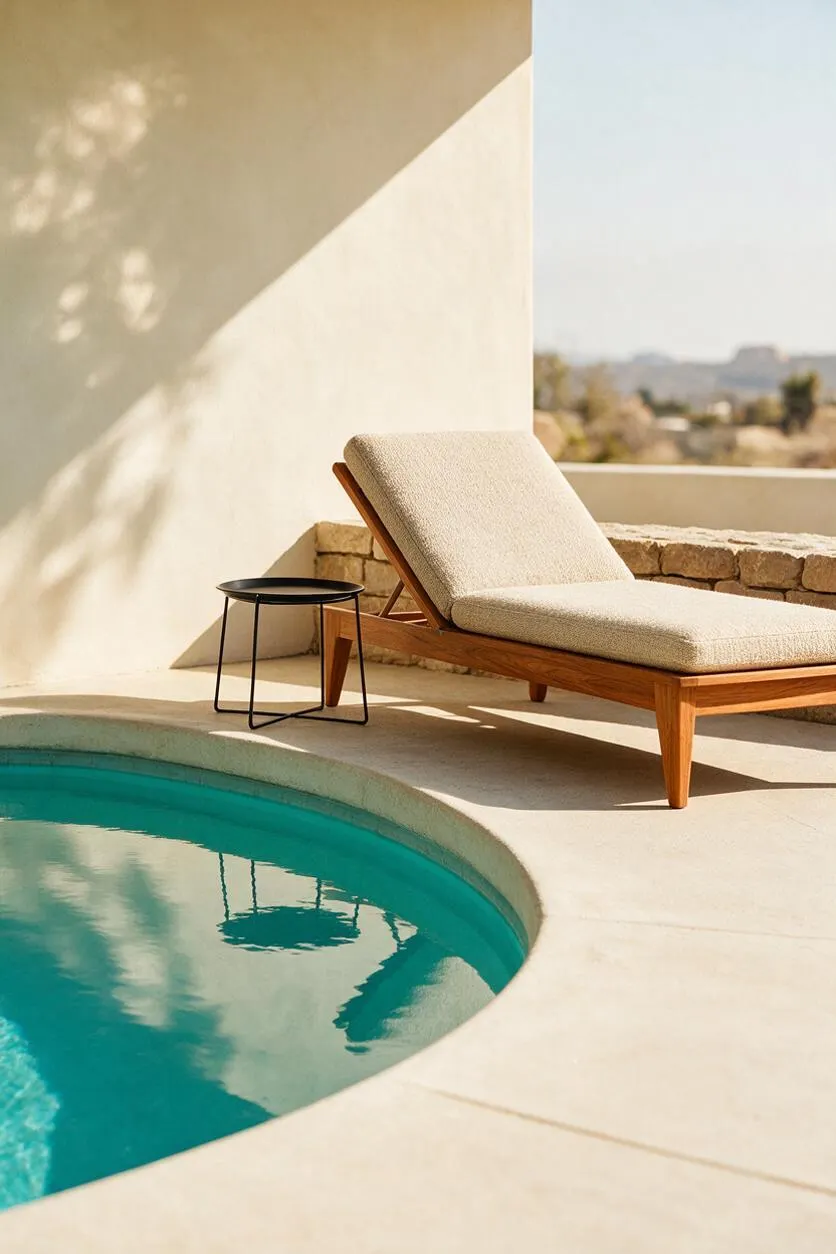A serene mid-century modern outdoor terrace with a curved turquoise pool in the foreground, a walnut-framed chaise lounge with cream upholstery, and a small black side table. Smooth cream plaster walls, a low stone edge, and soft desert views create a warm, sunlit atmosphere.