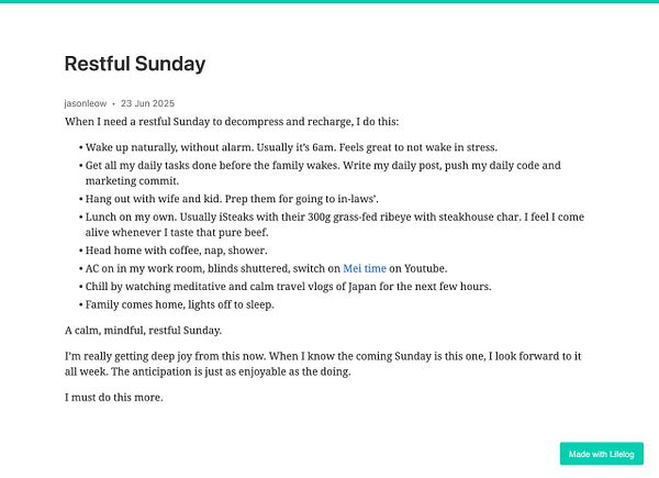 A detailed account of a restful Sunday routine shared in a blog post.