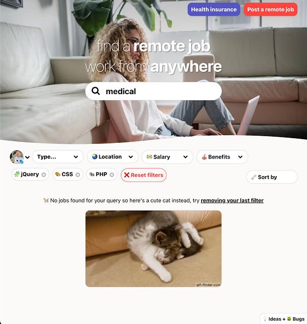 A woman searches for remote jobs on a website while a cute cat GIF is displayed due to no job results.