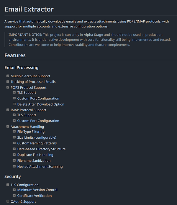 The image displays a detailed overview of an Email Extractor service with its features and security options.