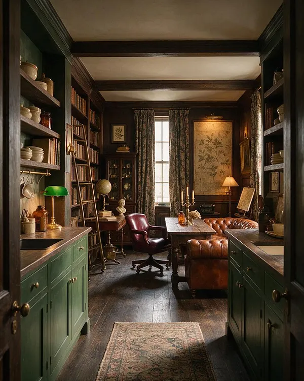 A dark academia style kitchen with deep green cabinetry, dark wood shelving, and brass hardware, opening into a cozy sitting area with a leather Chesterfield sofa, burgundy chair, and wooden desk. Books, vintage decor, floral curtains, and warm lamp light create a scholarly, intimate atmosphere.