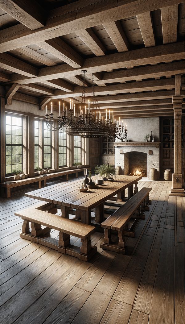 A spacious, well-lit dining room featuring a rich, dark wood refectory table surrounded by matching benches, with a rustic chandelier hanging overhead. Exposed wooden beams on the ceiling and a stone fireplace in the background add to the farmhouse atmosphere.