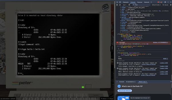 A retro computer interface displaying a command line with file directory operations and a browser's developer tools panel.