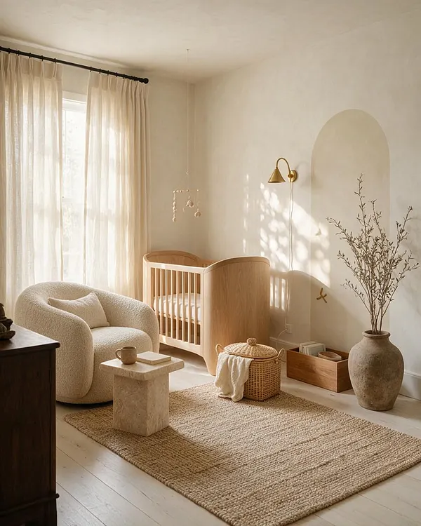 A serene kids' room with an organic modern nursery setup featuring a light wood crib, cream bouclé chair, woven rug, and soft ivory curtains. The space includes a stone side table, wicker basket, ceramic vase with branches, and warm neutral walls with a simple arched accent painted on the right side.