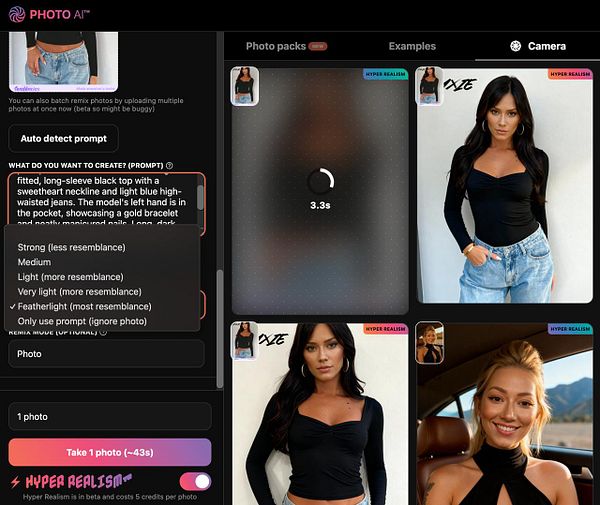 The image displays a user interface for a photo editing application focused on creating hyper-realistic images.