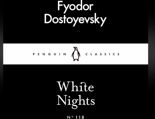 Cover of the book 'White Nights' by Fyodor Dostoevsky featuring a sketch of a woman's face with red accents on a black background.