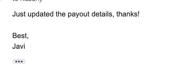 A message confirming the update of payout details in Setapp.