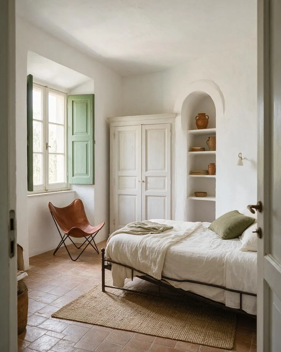 A cozy Mediterranean-style bedroom with white plaster walls, terracotta tile flooring, and a black metal bed dressed in white linen. The room includes a mint-green shuttered window, a cream armoire, built-in arched shelves with clay pottery, a woven rug, and a tan leather butterfly chair.