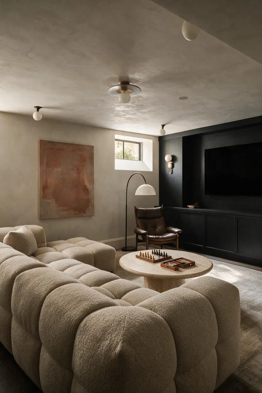 A modern game room with a tufted beige sectional sofa, a round stone coffee table with a chess set, and a brown leather lounge chair. The room features a black media wall with a large TV, soft plaster walls, a small window, and minimal globe-style ceiling and wall lights.