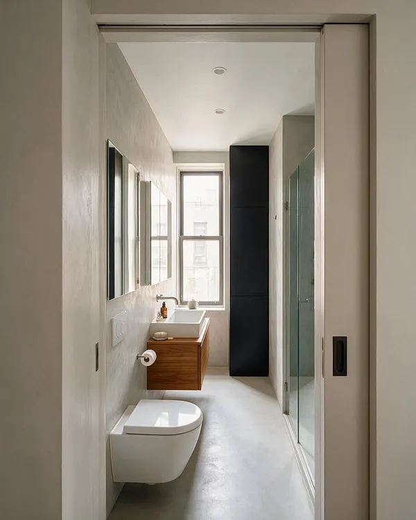 A narrow modern master bathroom with a wall-mounted toilet in the foreground, a floating wood vanity with a white vessel sink and mirror above it, and a tall black storage cabinet near the window. A glass shower enclosure lines the right side, while soft neutral walls and a bright window create a clean, airy feel.